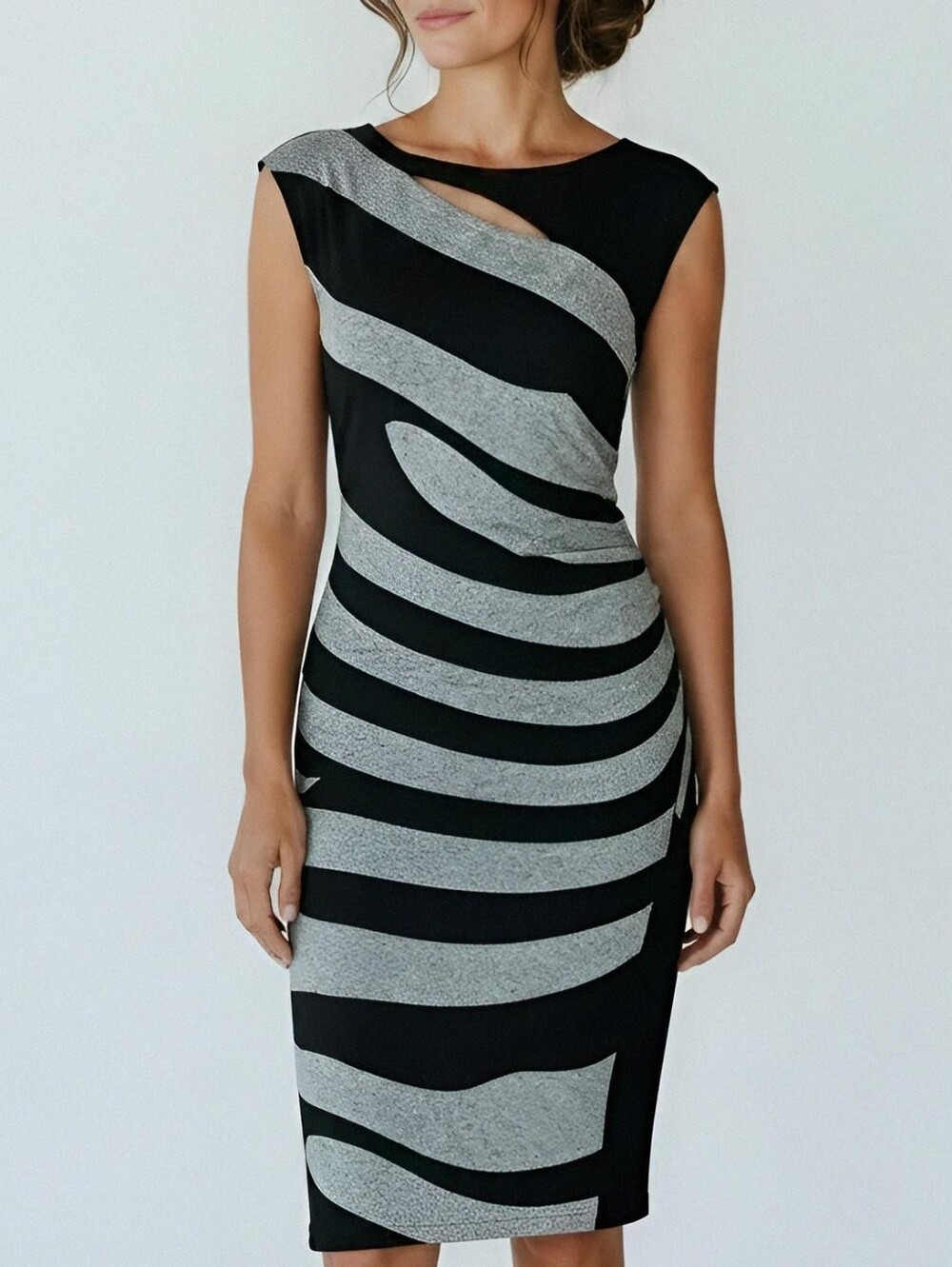 Frank Lyman Design Black and Gray Wave-Pattern Midi Sheath Dress, Size 8